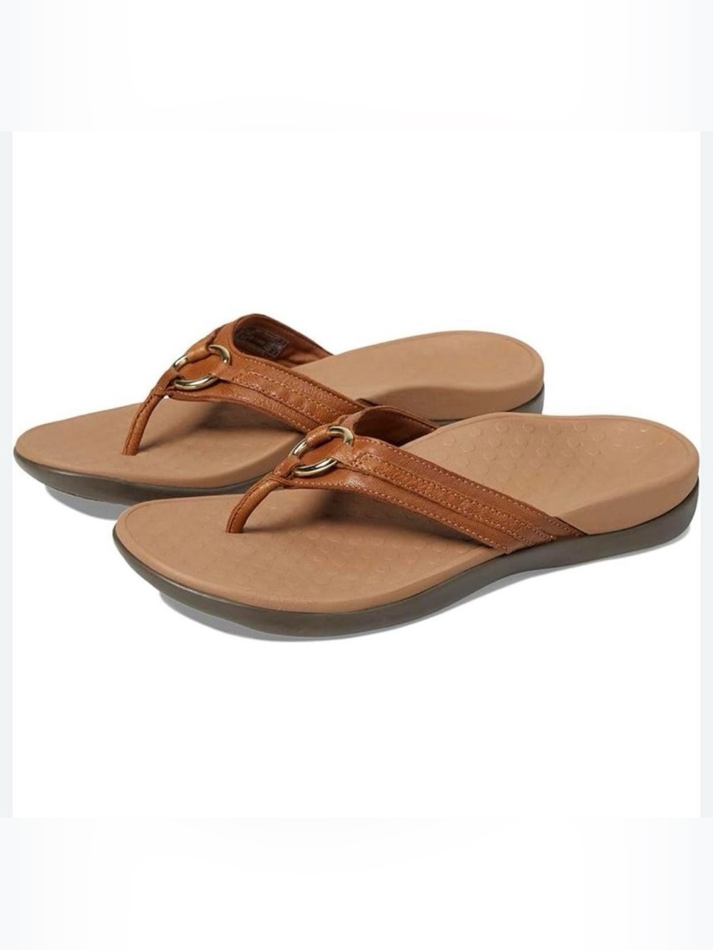 Vionic Tide Aloe Camel Brown Suede Gold Ring Orthotic Toe Post Sandals Women’s 8
